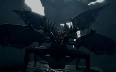 Potężny, mroczny, **gaping dragon** z wieloma skrzydłami i kolczastą głową, czai się w mroku.