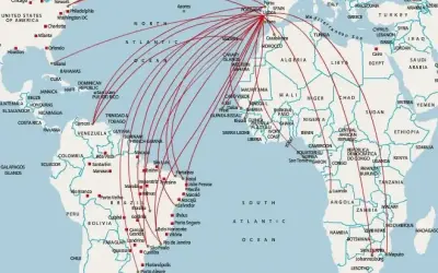 Mapa pokazuje trasy lotów z USA i Afryki do Portugalii. Zastanawiasz się, ile się leci do Portugalii?