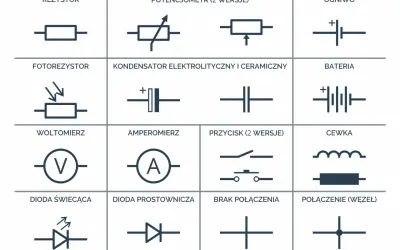 Zestawienie oznaczeń elektrycznych na projekcie: rezystor, potencjometr, ogniwo, fotorezystor, kondensator, bateria, woltomierz, amperomierz, przycisk, cewka, dioda świecąca, dioda prostownicza, brak połączenia, połączenie (węzeł).