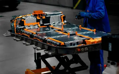 Assemblaggio di batterie per macchine elettriche, con cavi arancioni e celle metalliche. Un tecnico in tuta blu lavora sul pacco batteria.
