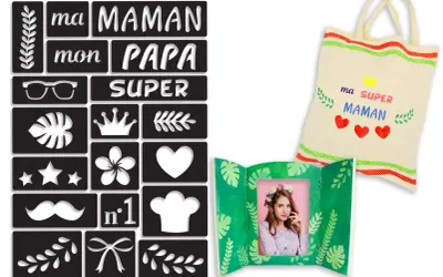 Ensemble de pochoirs pour personnaliser un sac et un cadre photo. Idéal pour apprendre comment utiliser un pochoir et créer un cadeau unique pour "ma SUPER MAMAN".