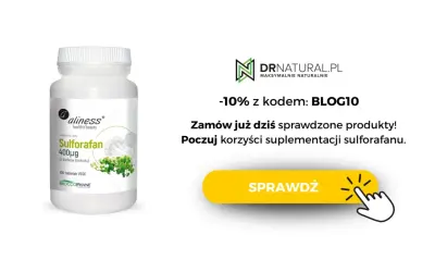 Białe opakowanie suplementu diety Aliness Sulforafan 400µg z kiełków brokułu. Poczuj korzyści suplementacji sulforafanu.