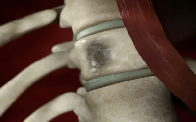 Detailaufnahme der Wirbelsäule mit einem dunklen Fleck auf einem Wirbelkörper, der auf multiples Myelom hindeutet. Woran stirbt man bei dieser Krankheit, ist eine wichtige Frage.