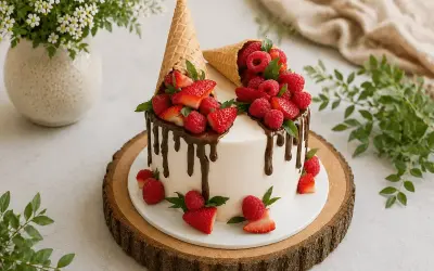 Eine moderne Erdbeertorte mit Schokoladenglasur, gefüllt mit frischen Erdbeeren und Himbeeren in Eiswaffeln.