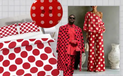 A bold red and white polka dot theme, from bedding to fashion, showcasing the playful polka dot meaning.