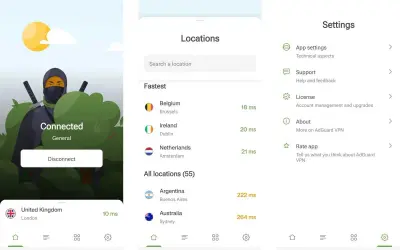 Ekran główny AdGuard VPN pokazuje połączenie z Londynem. Dostępne są lokalizacje takie jak Belgia, Irlandia, Holandia, Argentyna i Australia.