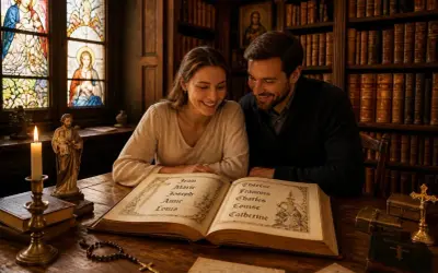 Couple souriant feuilletant un livre ancien de prénoms de baptême, entourés de livres et de vitraux.