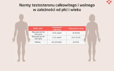 Tabela norm testosteronu dla mężczyzn i kobiet, uwzględniająca wiek. Po 50. roku życia u mężczyzn poziom testosteronu spada, co może wiązać się z andropauzą.