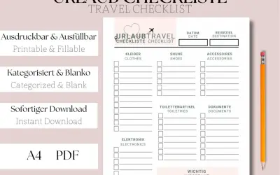 Eine druckbare und ausfüllbare Urlaub Checkliste zum Abhaken. Kategorisiert und blanko, mit Feldern für Kleider, Schuhe, Accessoires, Toilettenartikel, Elektronik, Dokumente und Wichtiges.