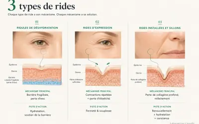Trois types de rides expliqués : déshydratation, expression et installées. L'image montre des schémas de peau illustrant les causes des rides et ridules.