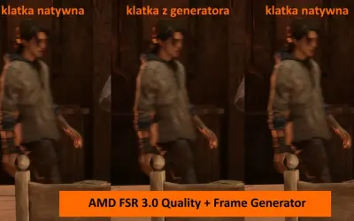 Porównanie klatek: natywna vs. z generatora klatek AMD FSR 3.0 Quality. Widać różnicę w płynności ruchu postaci.