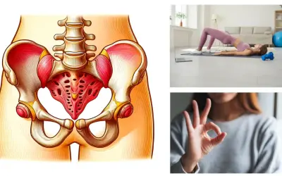 Illustrazione anatomica del bacino e del pavimento pelvico, donna che fa esercizio a casa, mano che fa il gesto OK.