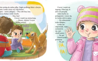 Adaś i Lenka bawią się z pieskiem Reksem. Wujek mówi na dziecko "Adasiu!". Dzieci machają na pożegnanie.