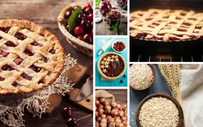 Eine köstliche Linzer Torte mit Kirschfüllung, frische Kirschen, Nüsse und Haferflocken.