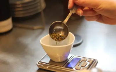 Une main verse des herbes séchées dans une tasse blanche posée sur une balance. Le dosage précis est essentiel pour 1 litre d'infusion.