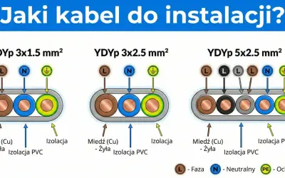 Jaki kabel od skrzynki do domu 16kW? Schemat pokazuje przekroje kabli YDYp 3x1.5, 3x2.5 i 5x2.5 mm², z żyłami miedzianymi i izolacją PVC.