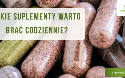 Zbliżenie na kapsułki z suplementami. Tekst: "Jakie suplementy warto brać codziennie?". Logo HempKing.
