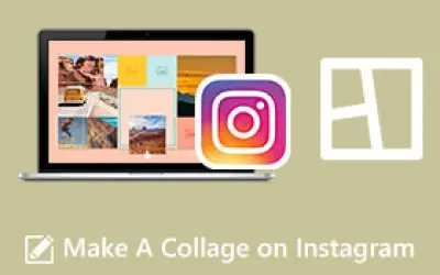 Jak zrobic kolaż na IG? Laptop z wieloma zdjęciami, logo Instagrama i ikonka kolażu.