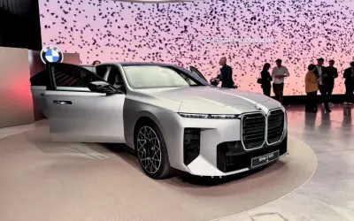 Srebrne BMW serii 7 z otwartymi drzwiami na tle ekranu z ptakami.