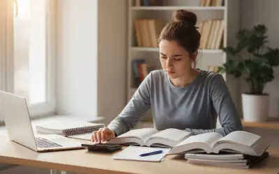 Młoda kobieta z włosami upiętymi w kok uczy się do matury, korzystając z laptopa, książek i kalkulatora.
