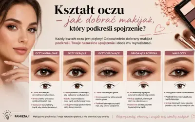 Kobieta z makijażem oczu, porównanie makijażu dla różnych kształtów oczu.