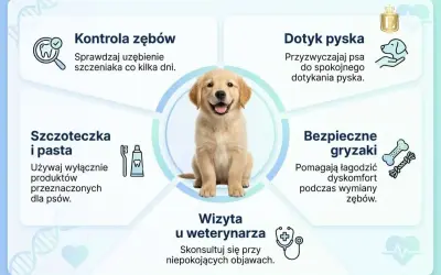 Uroczy szczeniak golden retrievera z szerokim uśmiechem, prezentujący zdrowe siekacze u psa. Grafika zawiera wskazówki dotyczące pielęgnacji zębów, gryzaków i wizyt u weterynarza.