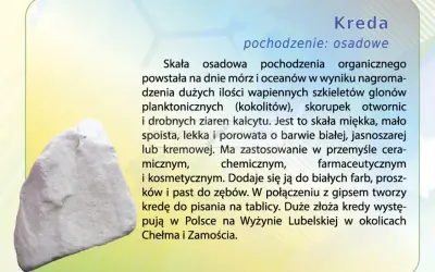 Biała, porowata skała, czyli kreda, powstała z wapiennych szczątków organizmów morskich. Jest miękka i lekka, używana w przemyśle ceramicznym, chemicznym i kosmetycznym.