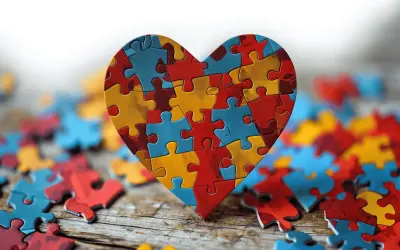 Serce z puzzli symbolizuje złożoność i piękno autyzmu u dorosłych.