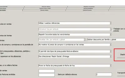 Configuración de opciones de venta, incluyendo la opción "Diseño Tickets" para personalizar la plantilla tickets para imprimir.