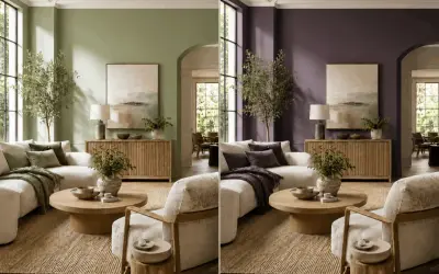 Due soggiorni a confronto: uno con pareti verdi e l'altro con pareti viola. Un esempio di abbinamento colori che trasforma l'atmosfera.
