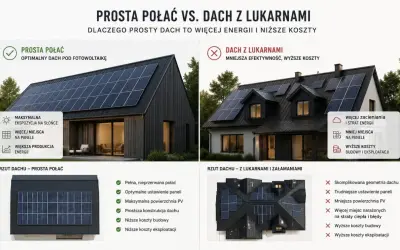 Dom typu stodoła z prostym dachem i panelami PV vs. dom z lukarnami. Prosty dach to więcej energii i niższe koszty.