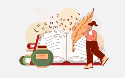 Ilustracja: dziewczyna pisze piórem na otwartej księdze, obok kałamarz i stos książek.