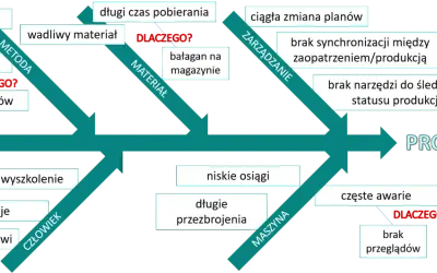 Diagram Ishikawy przykład: Metoda, Materiał, Zarządzanie, Człowiek i Maszyna jako przyczyny problemu.