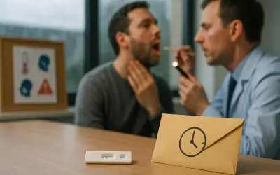 Lekarz bada gardło pacjenta. Na stole leży test i koperta z zegarem, sugerujące potrzebę pilnego leczenia, być może tabletki na gardło na receptę.