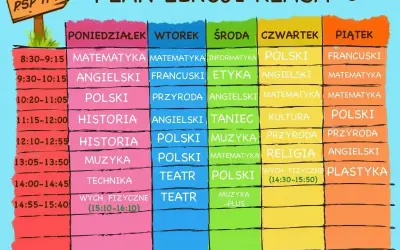 Plan lekcji klasy 5: matematyka, polski, angielski, historia, muzyka, technika, przyroda, informatyka, etyka, taniec, kultura, religia, wychowanie fizyczne, plastyka, teatr, francuski.
