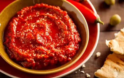 Pikantny sos adżika w miseczce, obok papryczek chili i oliwek. Idealny do pieczywa.