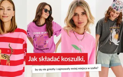 Cztery kobiety prezentują koszulki z nadrukami. Dowiedz się, jak składać bluzki z długim rękawem, by się nie gniotły i zajmowały mniej miejsca w szafie.