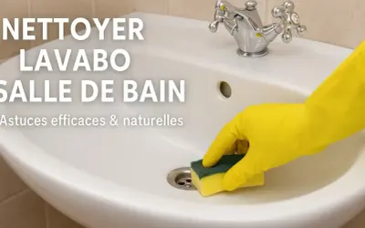 Main blanche avec robinet chromé, une main gantée de jaune utilise une éponge pour nettoyer le lavabo de la salle de bain. Astuces efficaces pour nettoyer le lavabo.