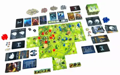 Plansza i komponenty gry planszowej Northgard: Niezbadane ziemie. Gracze eksplorują nowe terytoria, zbierają zasoby i walczą o dominację.