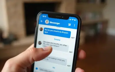Palec dotyka ekranu telefonu, pokazując opcję "Delete" w aplikacji Messenger. Dowiedz się, jak usunąć stare wiadomości z Messengera u odbiorcy.