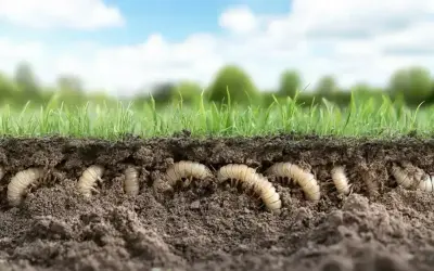 A cross-section of soil reveals a cluster of white grubs burrowing beneath lush green grass. Is it too late to treat for grubs?