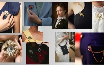 Inspiracje, jak nosić broszkę: od motyla na płaszczu po ozdobę na sukience i elegancką broszkę na klapie marynarki.