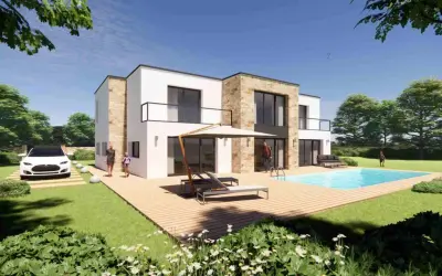 Maison moderne avec piscine, terrasse en bois et voiture électrique. Un architecte a conçu cette construction pour un style de vie luxueux.