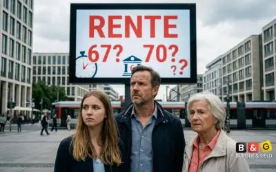 Drei Menschen blicken nachdenklich auf eine Anzeige, die über das Renteneintrittsalter 70 diskutiert.