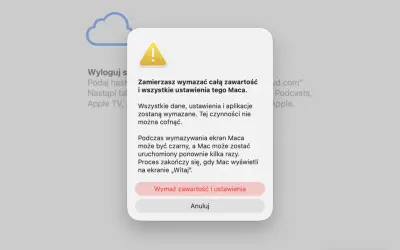 Potwierdzenie wymazania zawartości i ustawień Maca. Proces ten jest kluczowy, gdy chcesz wiedzieć, jak zresetować MacBook.