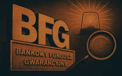 Trójwymiarowe litery BFG nad tabliczką "BANKOWY FUNDUSZ GWARANCYJNY". Obok lupa i migająca lampka ostrzegawcza.