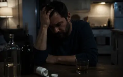 Zrezygnowany mężczyzna z ręką na głowie, obok butelki, szklanka z alkoholem i rozsypane tabletki. Widać, że zmaga się z substancjami psychoaktywnymi.