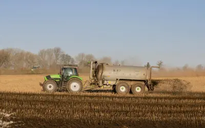 Zielony traktor z przyczepą rozprowadza obornik pod warzywa na polu.