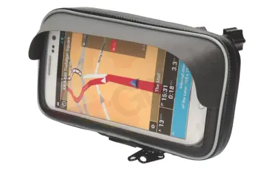 Telefon z nawigacją GPS w wodoodpornym etui na kierownicę motocykla.