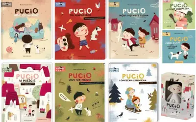 Książki z Pucio: "Pucio umie opowiadać", "Pucio na wakacjach", "Pucio mówi pierwsze słowa", "Pucio zostaje kucharzem", "Pucio w mieście", "Pucio uczy się mówić", "Pucio i ćwiczenia z mówienia" oraz maskotka Pucio.